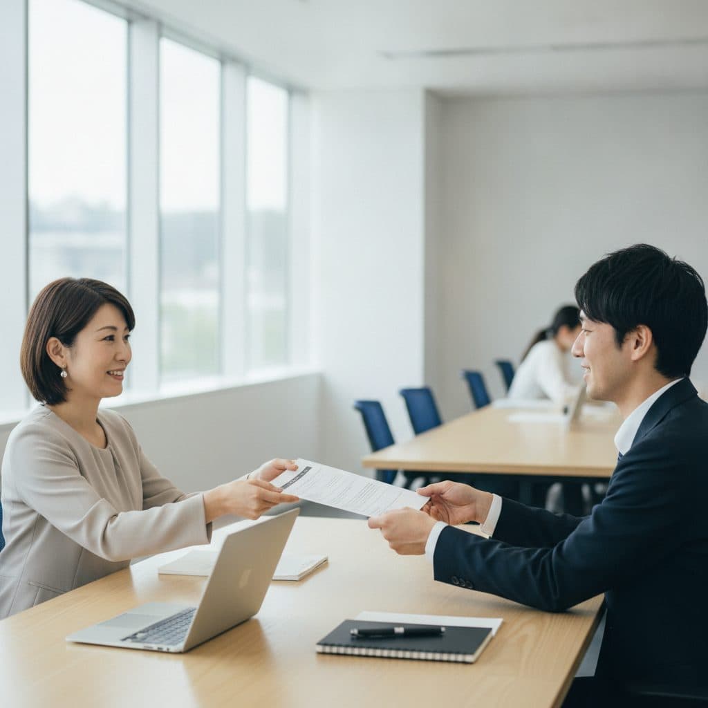 商談の席で印刷した資料を相手に渡している様子