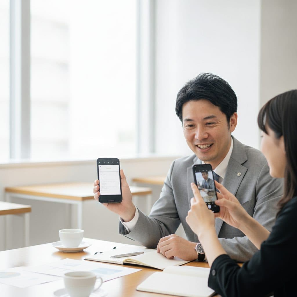 商談の席でスマホの画面を相手に読み取ってもらっている様子