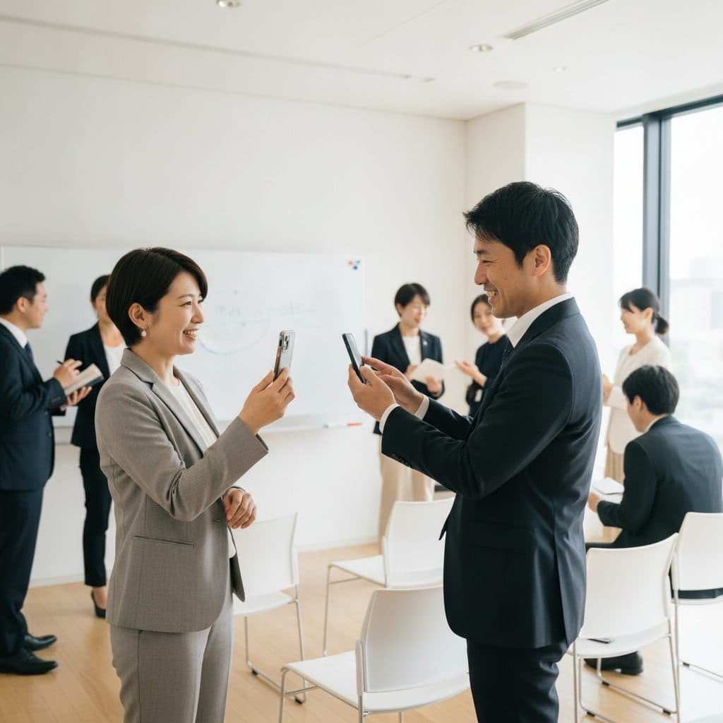 セミナーのあとの立ち話でスマホの画面を読み取ってもらっている様子